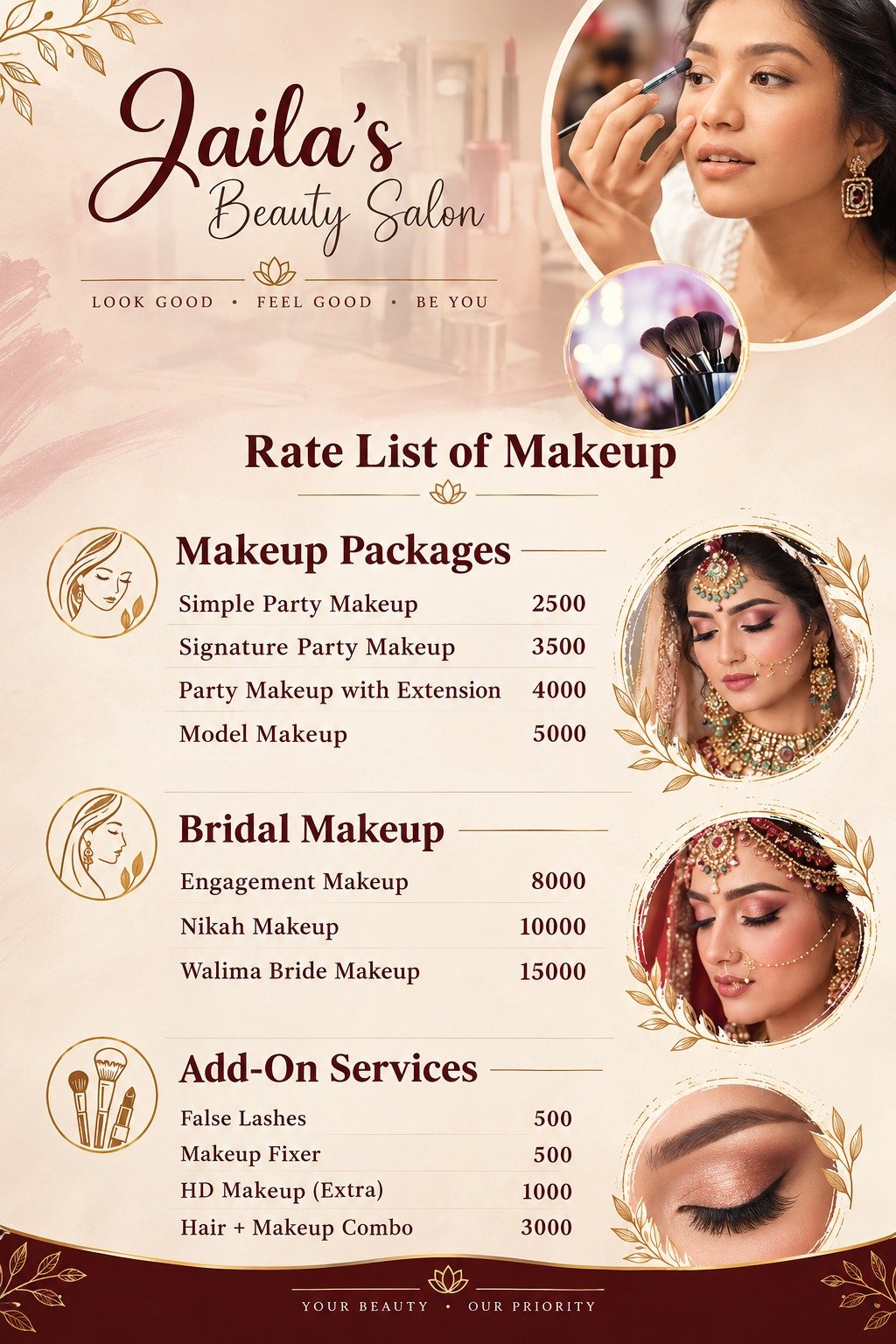 Bridal Makeup services and price list
