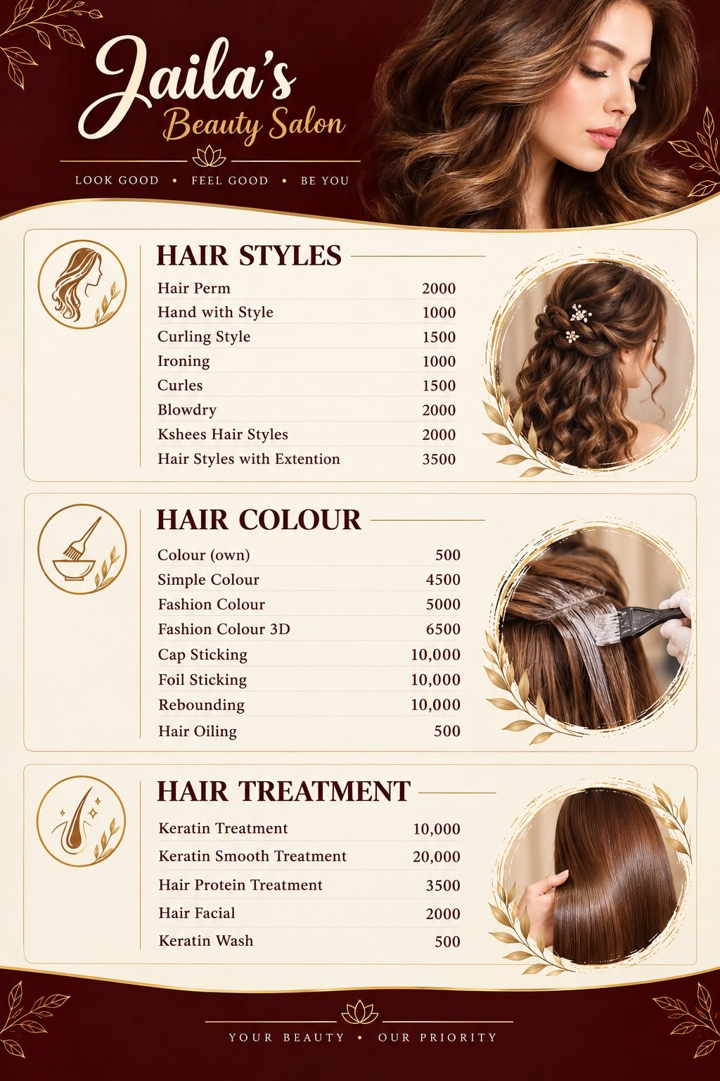 Hair Styling services and price list