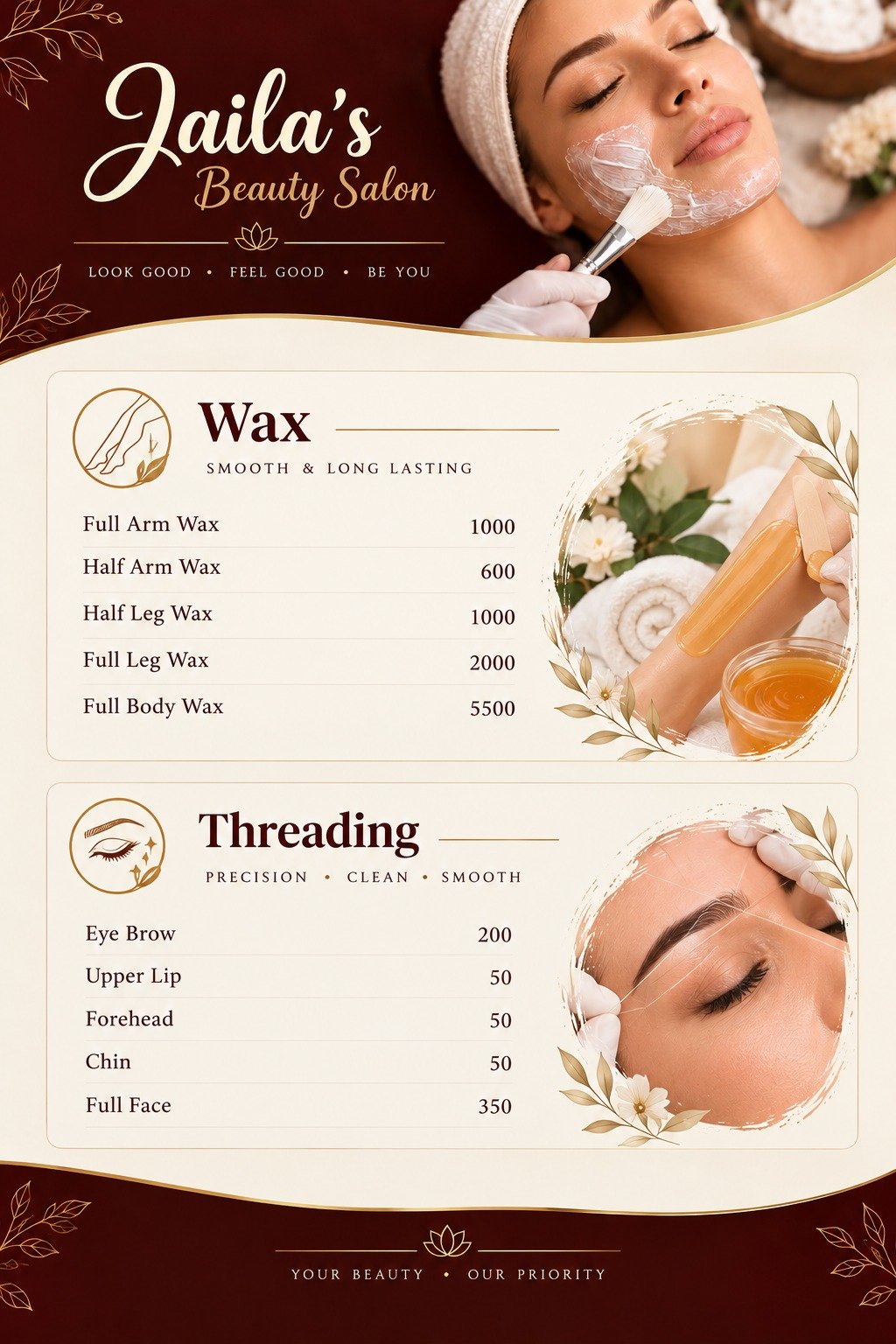 Wax & Threading services and price list